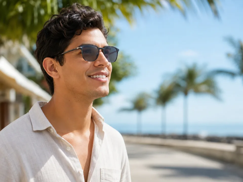 Hombre con lentes fotocromáticos en un malecón soleado